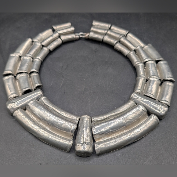 Vintage Joanne Cooper Egyptian Inspired Thick White Metal Choker Necklace, OOAK